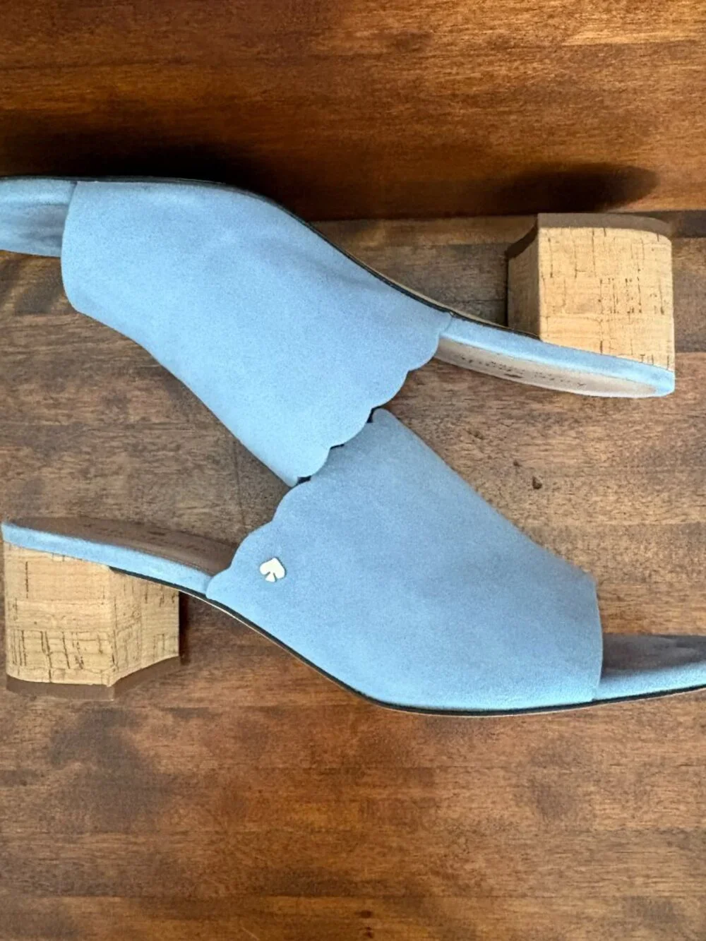 Kate Spade Blythe Blue Suede Scallop Cork Block Heel Mule Sandals Coastal Chic 8